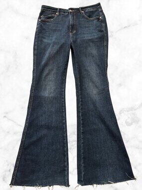 JUDY BLUE Dark Wash Tummy Control Flare Jeans High Rise Booty Lift Raw Hem